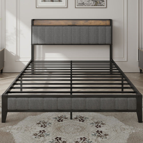 Bettgestell in Queensize mit Lade-Station, gepolstertem Kopfteil, Metallplattform, Grau