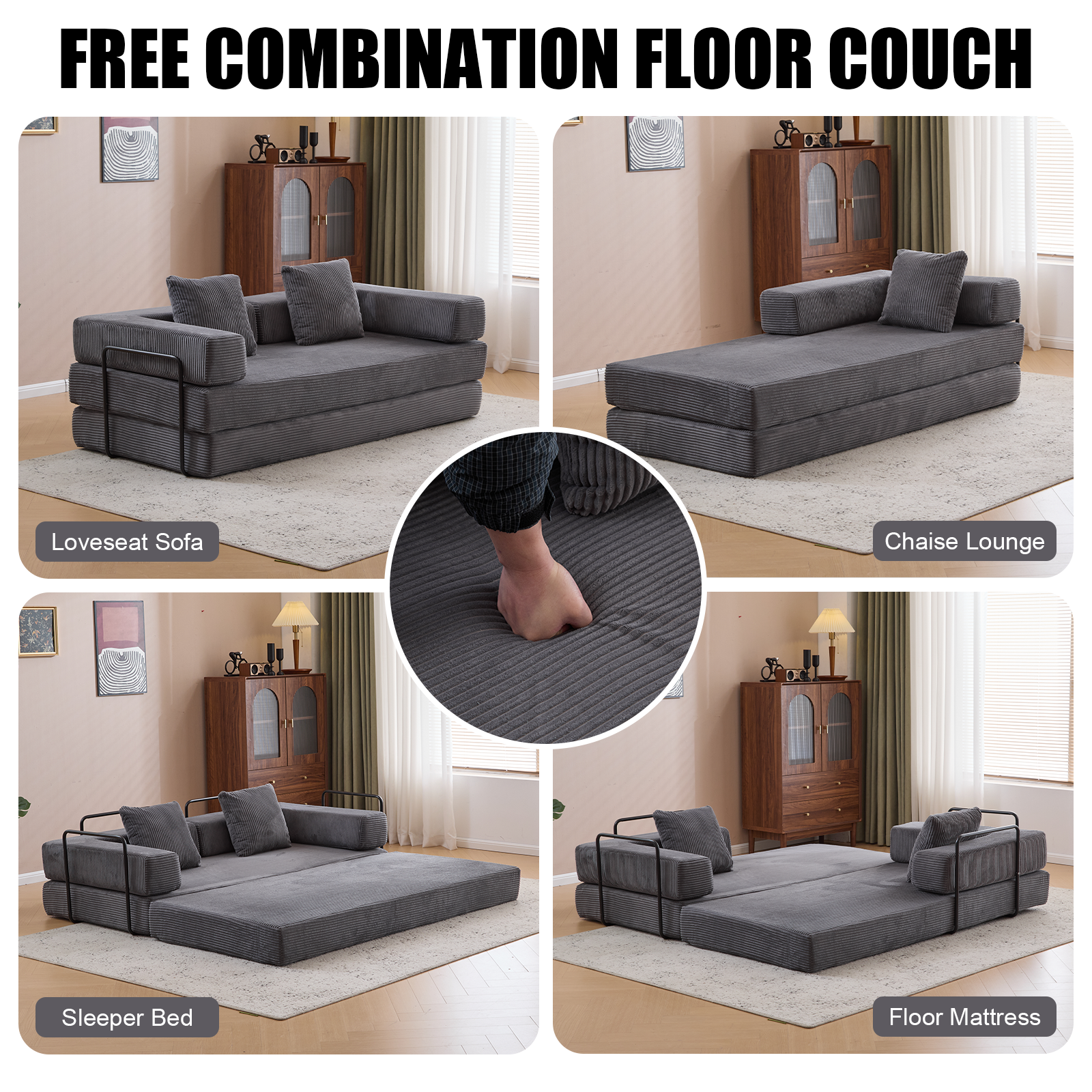 Sofá de Suelo, Sofá de Compresión, Sofá Cama Convertible de Suelo - con Soporte de Espalda con Almohada y Reposabrazos, Sofá Futón Cómodo para Reposar Cama para Dormir, Tela de Corduroy, para Sala de Estar y Dormitorio Gris Oscuro