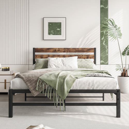 Marco de Cama Plataforma de Tamaño Completo con Cabecero de Madera Rústica Vintage, Soporte de Láminas de Metal Resistente para la Base del Colchón, No se Requiere Resorte de Caja en Marrón Rústico