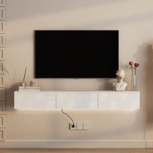 Wandmontiertes Schwebendes TV-Board mit 16-farbigen LEDs, Modernes TV-Board, Schwebendes TV-Schränkchen als Medienzentrum für 55-60-65-Zoll-Fernseher, Weiß