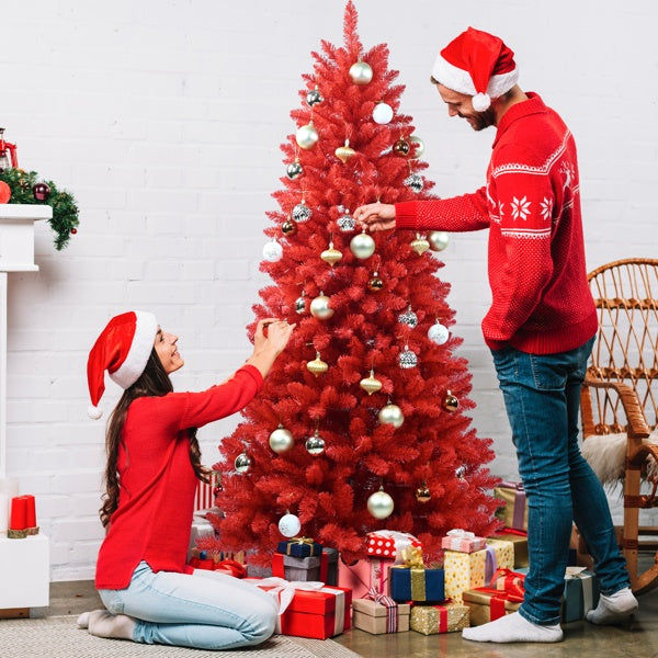 Árbol de Navidad Artificial Rojo de 5 Pies, 624 Puntas Mixtas de PVC, Bisagras de Alta Calidad y Base Plegable para Decoración Navideña