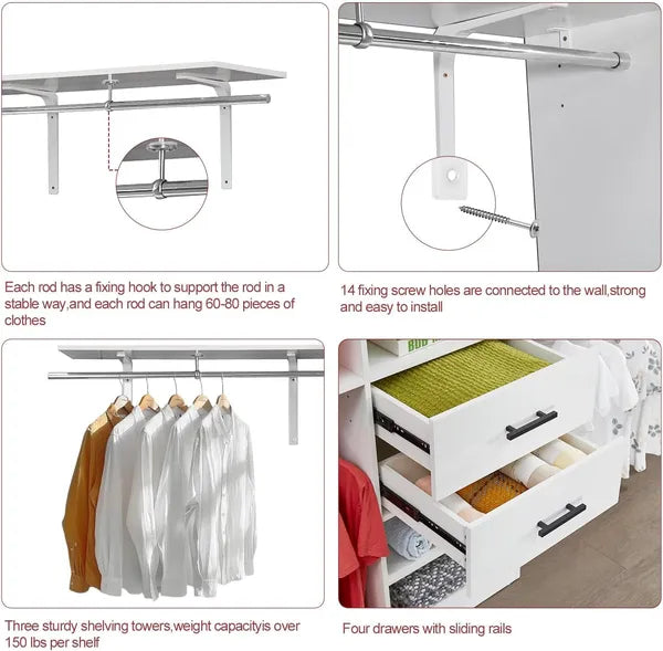 Closet Organizer System, Closet Organizers With Clothing Racks For Hanging Clothes, Closet System With Drawers ,Walk In Closet Organizers And Storage With Shelves, Walk In Closet System