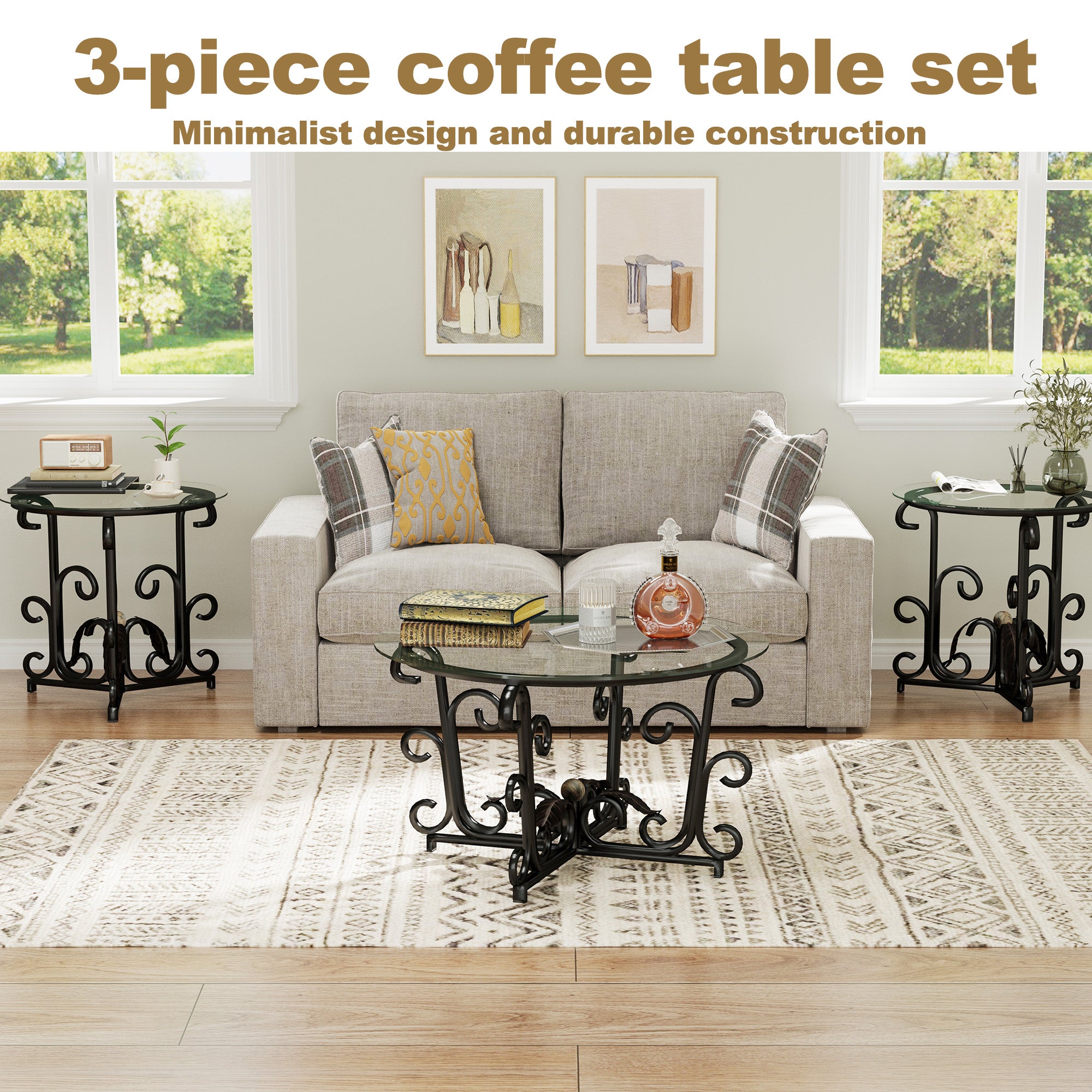 Conjunto de Mesas de Café de 3 Piezas, Superficie de Vidrio Templado con Marco de Metal Resistente Conjuntos Modernos para Sala de Estar 1 Mesa de Café y 2 Mesas Auxiliares