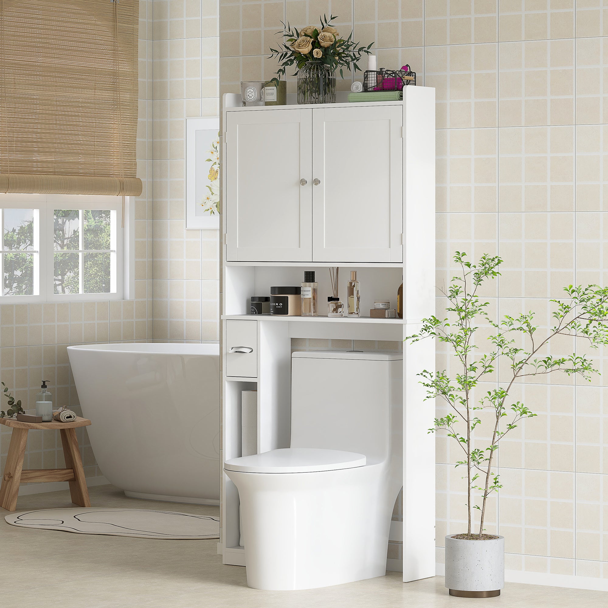 White Modern Storage Cabinet Over-Toilet Two-Tier
