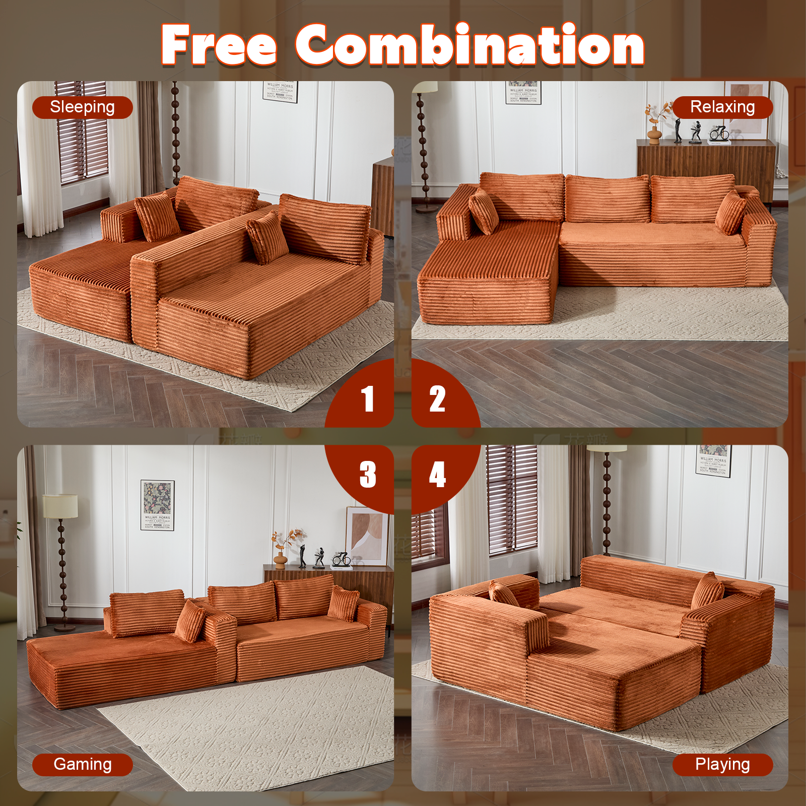 Brown Corduroy Sectional Sofa Modular Deep Seat