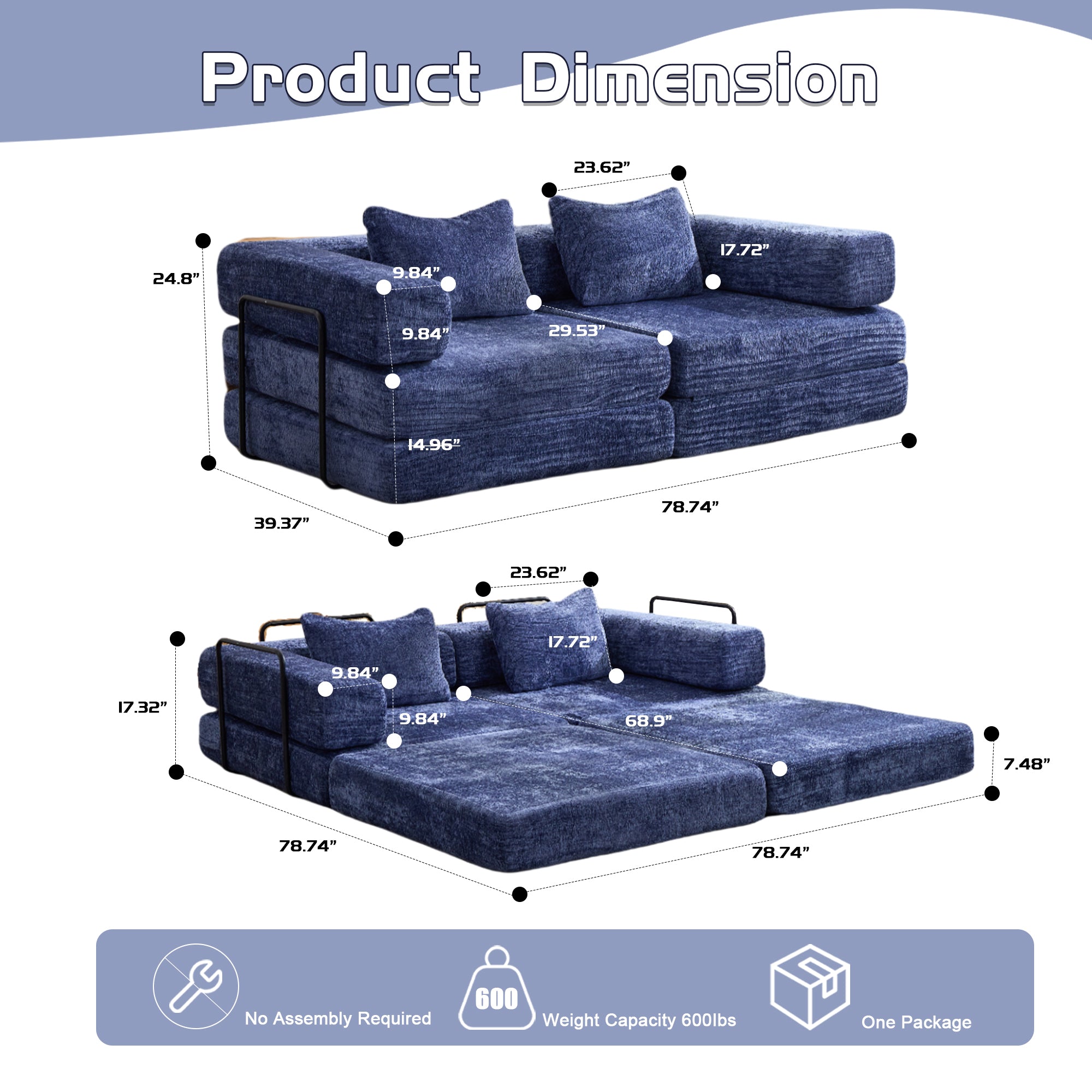 Sofá de Compresión, Sofá Cama Convertible para el Suelo con Marco de Forma Fija, Sofá Seccional Modular sin Huesos para Dos Personas, Sin Ensamblaje Requerido, Tela de Chenille, para Sala de Estar y Dormitorio, Azul Oscuro