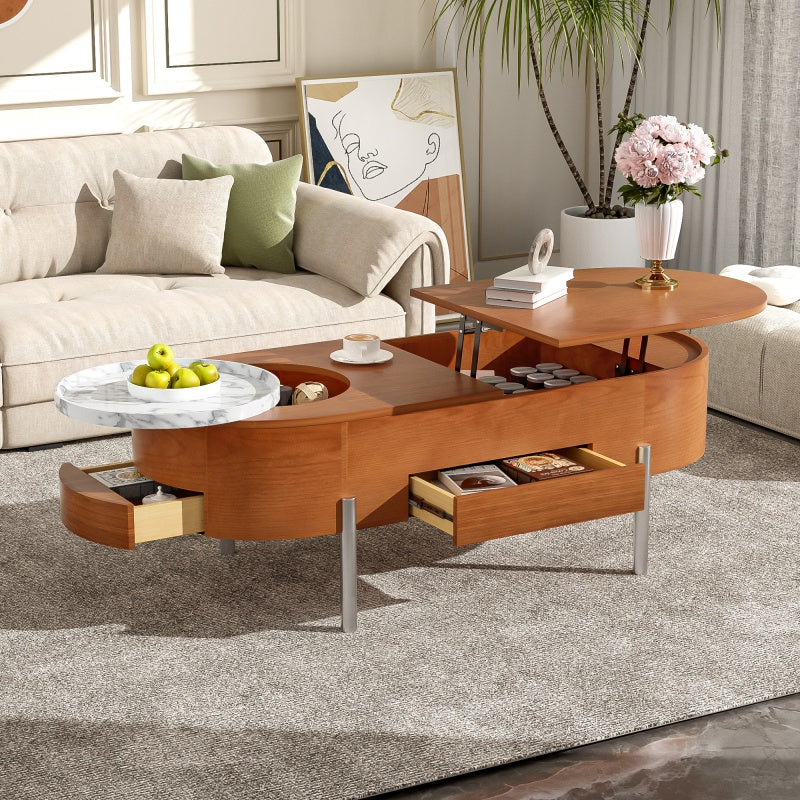Mesa de café elevable de 47,2 pulgadas con bandeja giratoria de 360 grados con patrón de mármol, tablero ovalado elevable moderno, plataforma prohibida Temu