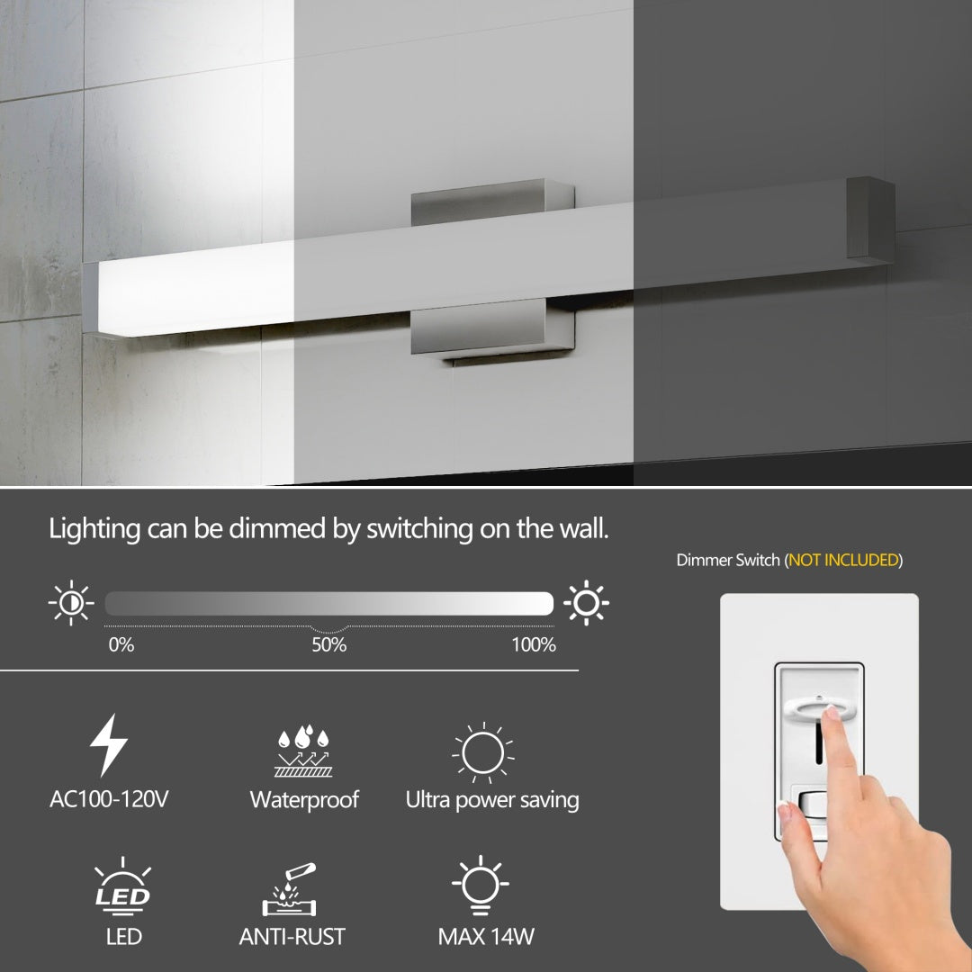Badezimmermöbel-Leuchte gebürstetes Nickel quadratisch LED 25 Zoll 14W 6000K kühles Weißlicht Wandleuchte über Spiegel -Gebürstetes Nickel, 25 Zoll