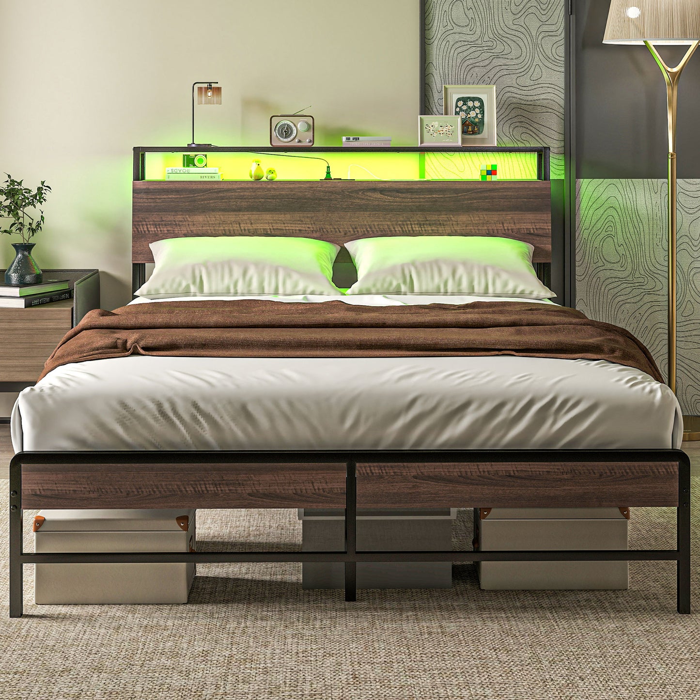 Queen Size Bed Frame with LED Lights and Charging Station