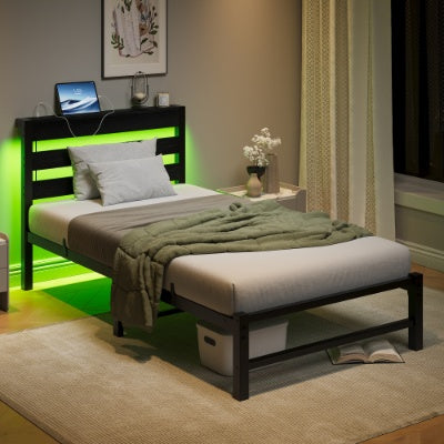 Twin Size LED Platform Bed Frame with USB Charging Station