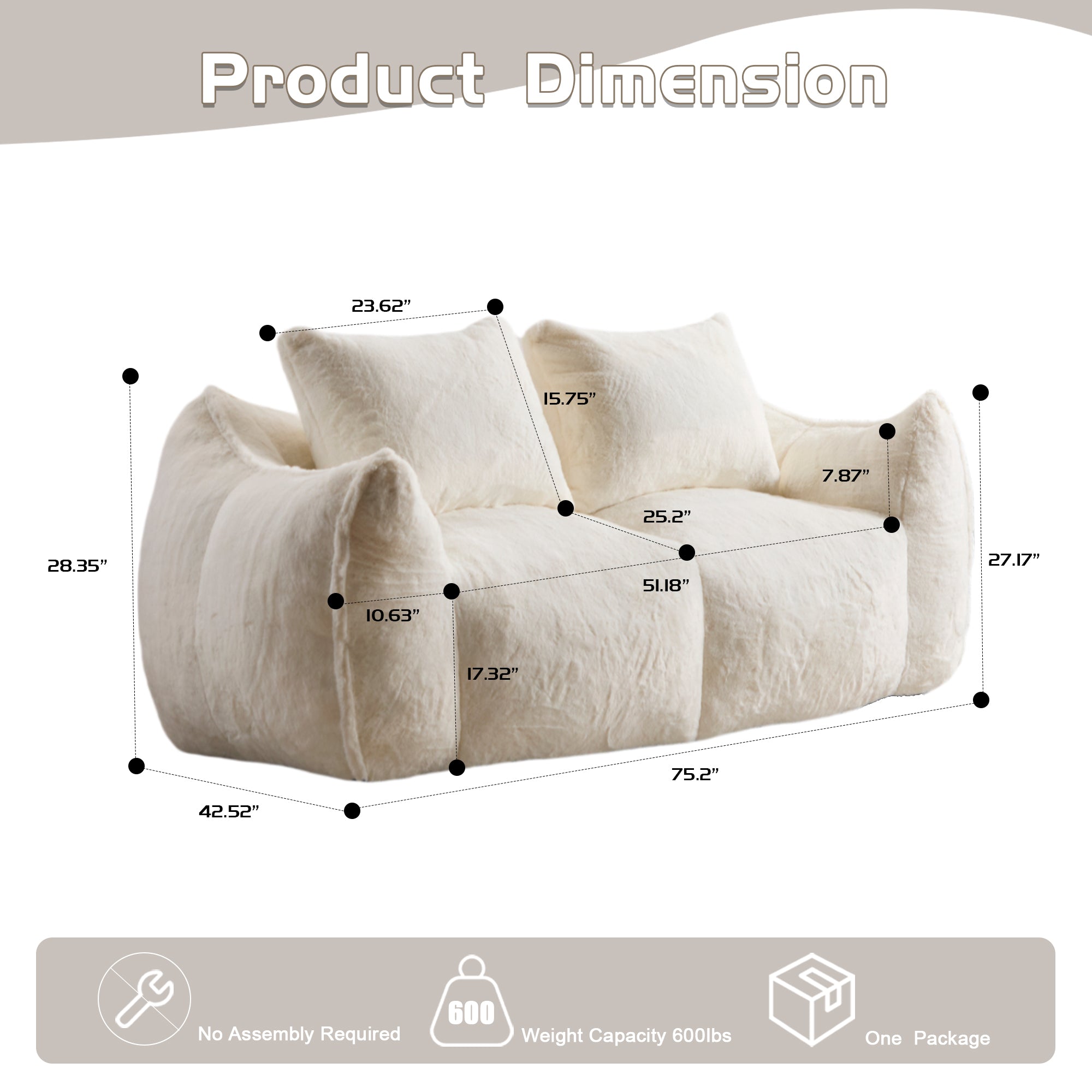Sofá Gigante de Puf para Adultos, Sofá de Puf Loveseat Ultra Suave y Esponjoso, Silla de Reposo Oversized para Interiores en Sala de Estar o Dormitorio, No Requiere Ensamblaje, Silla Cómoda para Lectura con Almohadas, Blanco