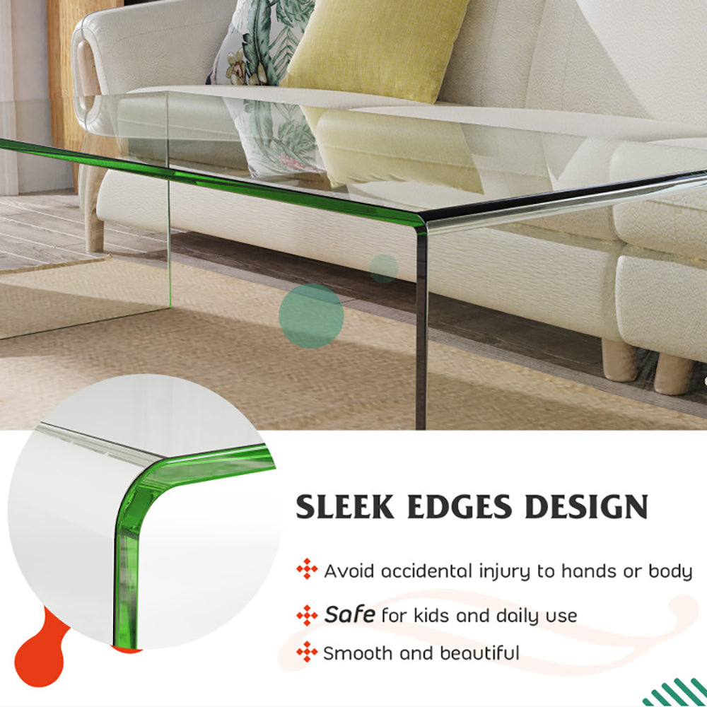 Mesa de café de vidrio de 42,5 x 20 x 14 pulgadas con bordes redondeados para sala de estar