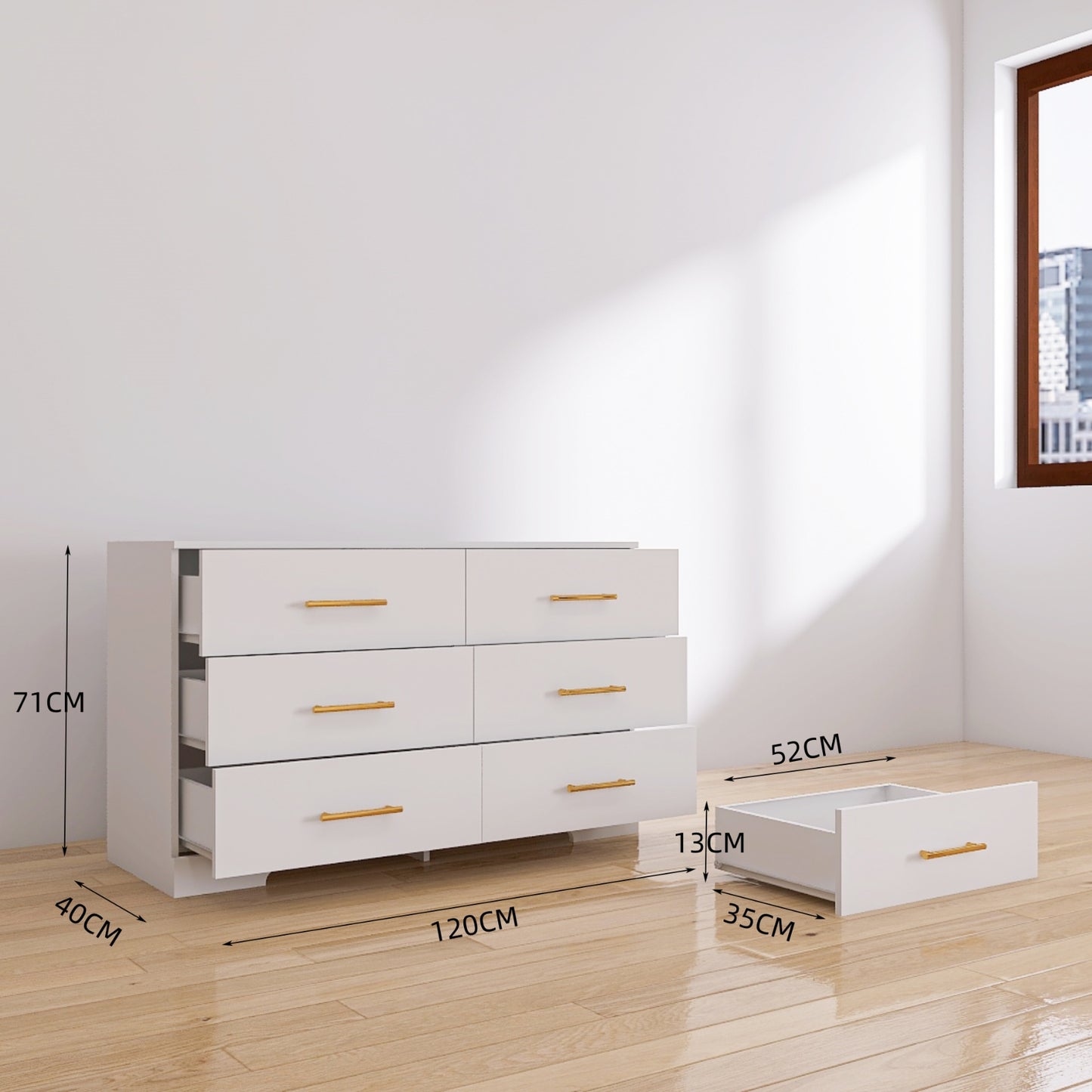 White Color Large 6 Drawers Chest Of Drawer Dressers Table With Golden Handle