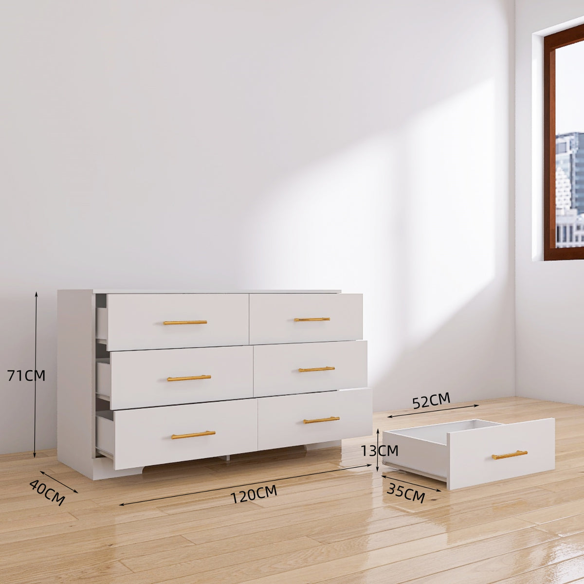 Cómoda de 6 cajones grande de color blanco con manijas doradas