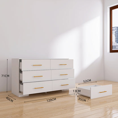 White Color Large 6 Drawers Chest Of Drawer Dressers Table With Golden Handle