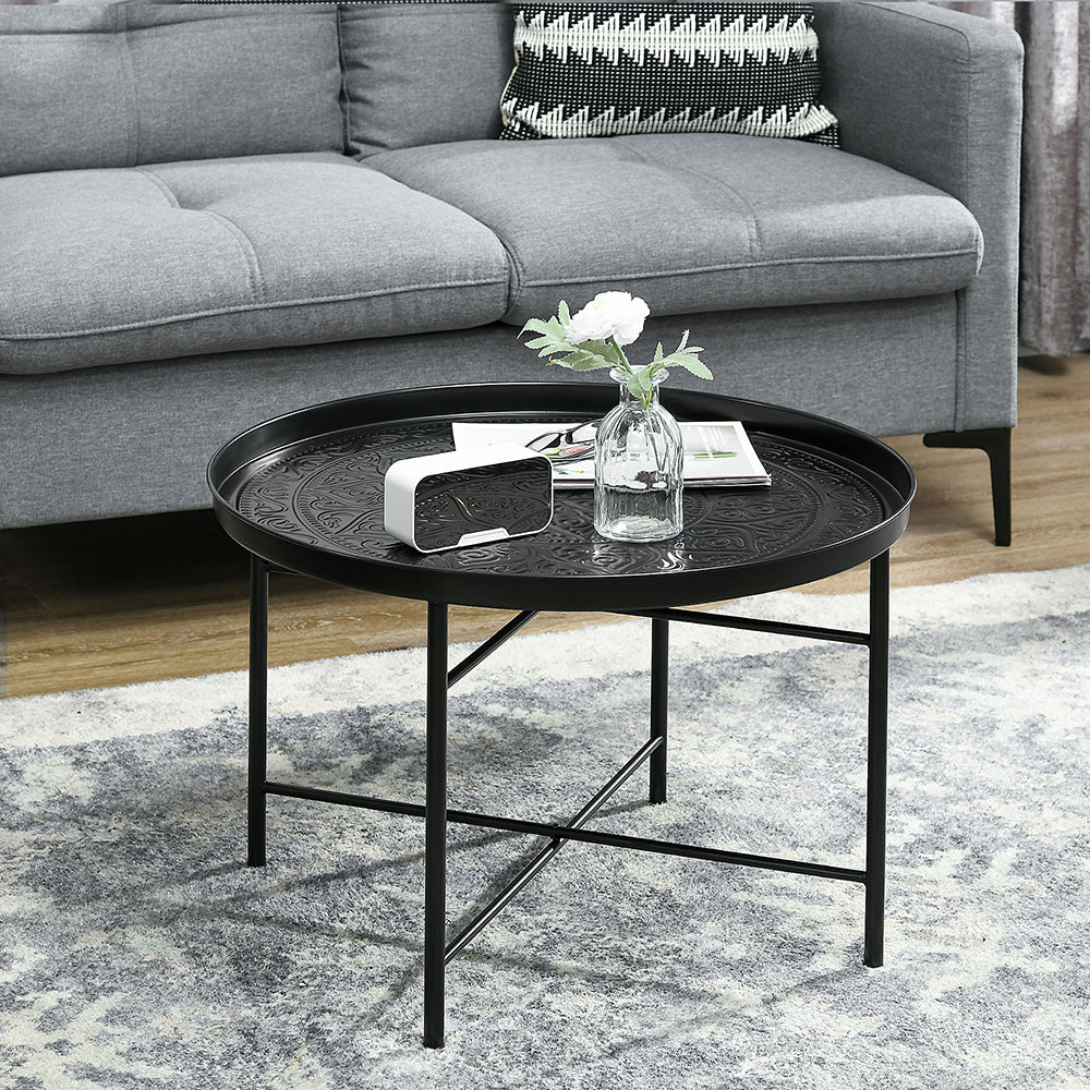 Mesa de Centro para Sala de Estar, Mesa Redonda de 24 Pulgadas con Bandeja Martillada en la Parte Superior y Marco de Metal para Dormitorio, Negro