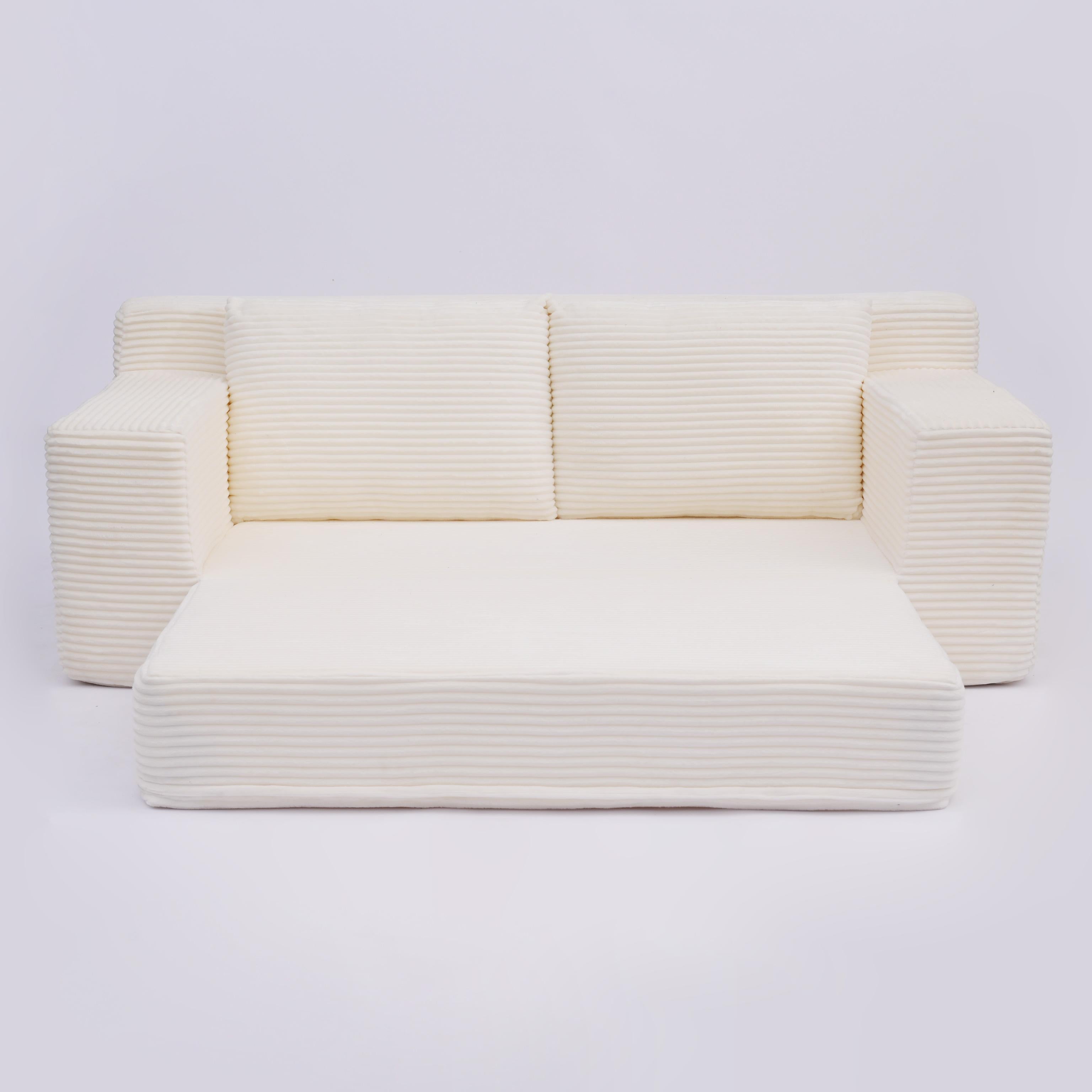 Sofá tipo Loveseat, Sofá cama con asiento profundo cómodo, Sofá moderno pequeño de corduroy para sala de estar o dormitorio, Cojín reversible con almohadas, Sin necesidad de ensamblaje, Blanco
