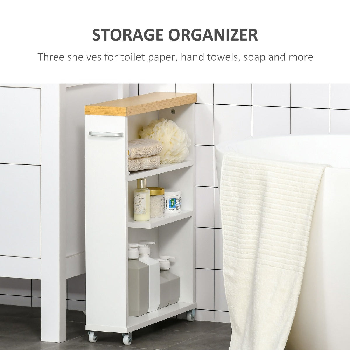 Slim Bathroom Cabinet with Castor Wheels Storage Organizer and Shelves To Fit In Small Spaces