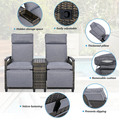 GO Patio Recliner Loveseat Chair, Adjustable Backrest Wicker Outdoor Lounge Chair Set With Acacia Wood Armrests And Built-in Storage Table For Balcony, Porch, Lawn, Gray