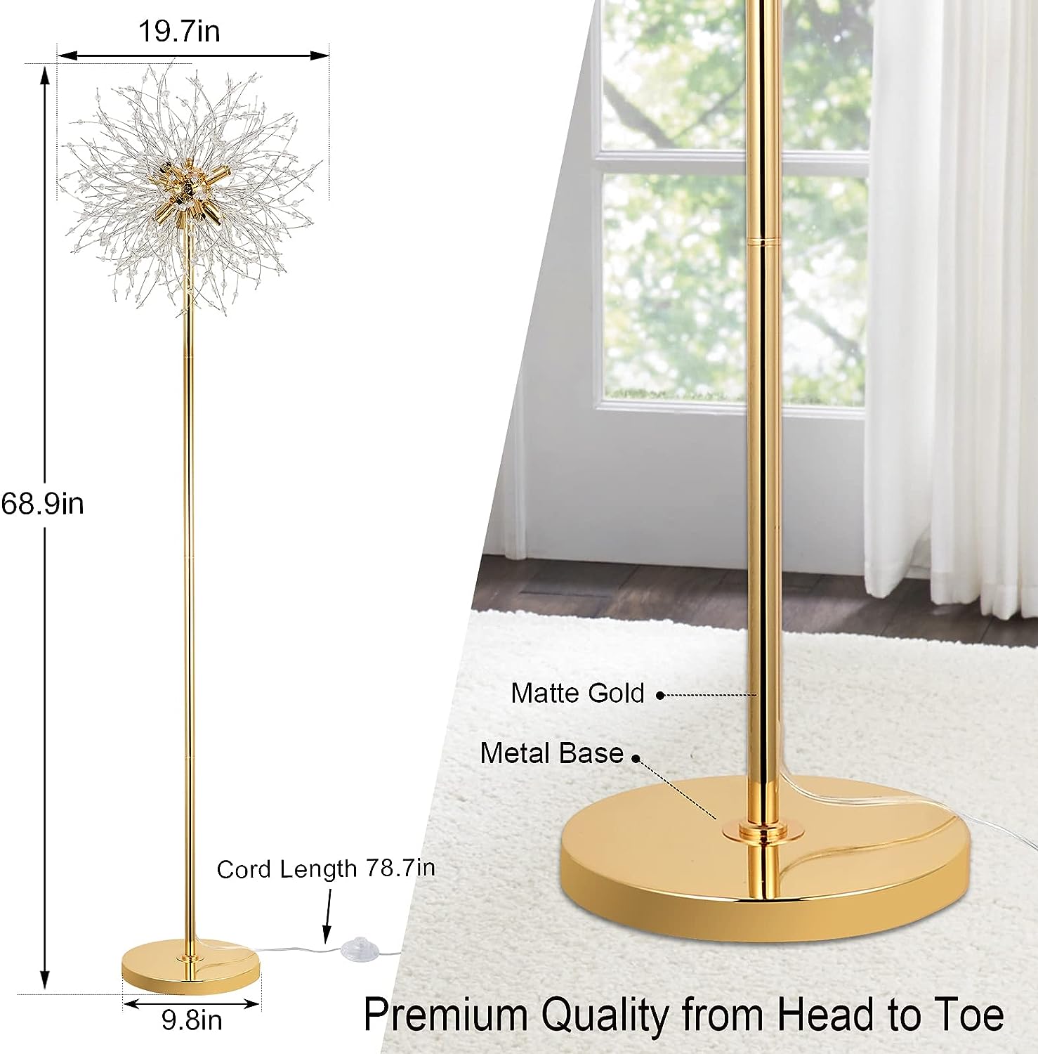 Lámpara de Pie de Cristal para Dormitorio,,Lámpara de Poste de 69 Pulgadas de Alto, Lámpara de Piso Decorativa para Habitación Moderna, Incluye 32 Suspensores de Cristal de Fuegos Artificiales, Acabado en Cromo Plataformas No Disponibles- Welfel