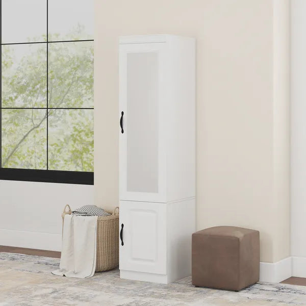 Livelylodge Slim White Storage Cabinet With Glass Door – Space-Saving Tall Organizer With Metal Handles, Perfect For Small Spaces Or Bedroom Use