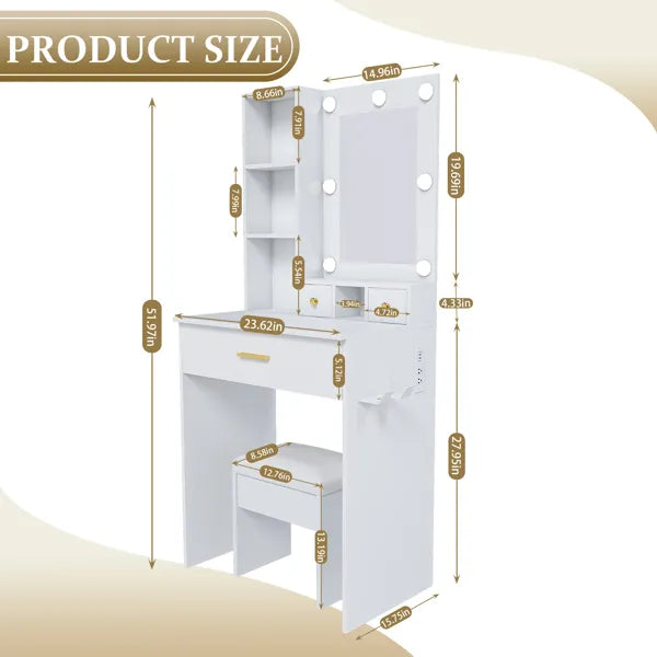 Vanity Table With Mirror & Adjustable LED Lights, Power Outlet, Hairdryer Holder & Stool – Compact Dressing Desk For Small Bedrooms(White)