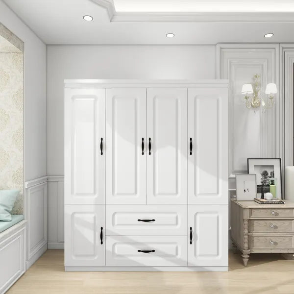 Armario de 74" H con 2 Puertas, Armario de Madera, Armarios de Ropa, Gabinete Armario, Armario Gabinete Blanco, Gabinete de Almacenamiento, Armarios para Dormitorio con Barra de Colgar, 2 Cajones -- 2 Paquetes