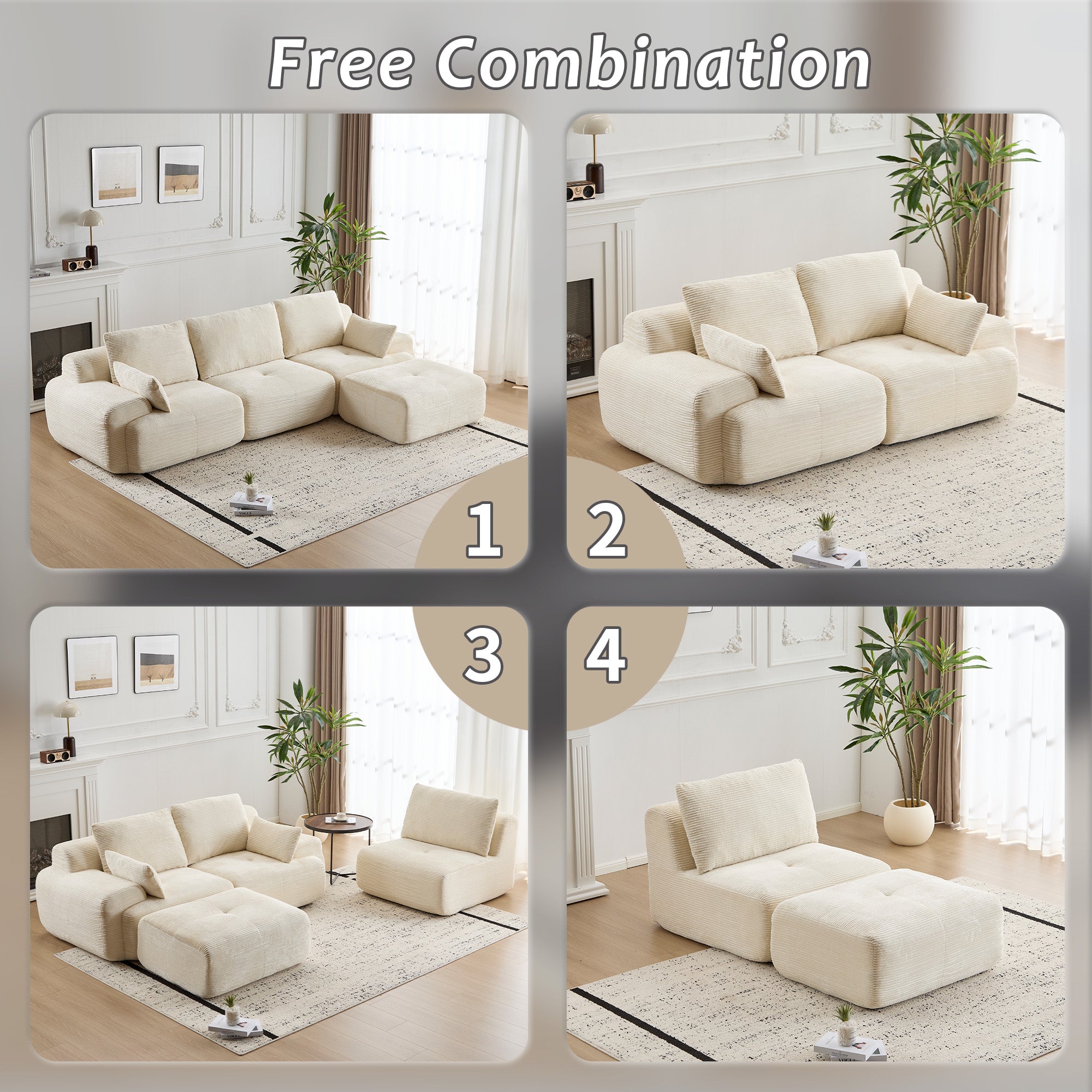 Beige Corduroy Sectional Sofa Memory Foam
