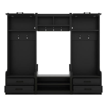 4-in-1 Detachable Hall Tree With Storage And 7 Hooks, Multiple Functions Hallway Coat Rack With Storage Drawers And Cabinet, Black Shoe Bench For Entryway Hallway