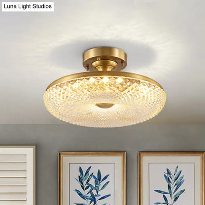 DecorBites™ Lámpara de techo semiempotrada dorada de 7 cabezales con cristal transparente acanalado – Diseño de rosquilla posmoderno