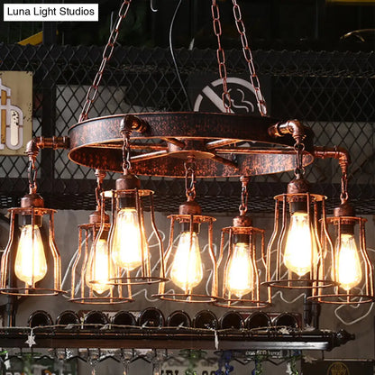 Lámpara colgante de estilo rústico con 7 luces, acabado en óxido oscuro, jaula de hierro forjado y diseño de rueda.