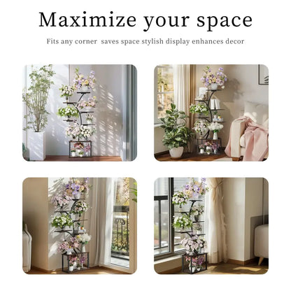 Black metal 7 tier tree plant stand display rack for plants and flowers corner plant stand display