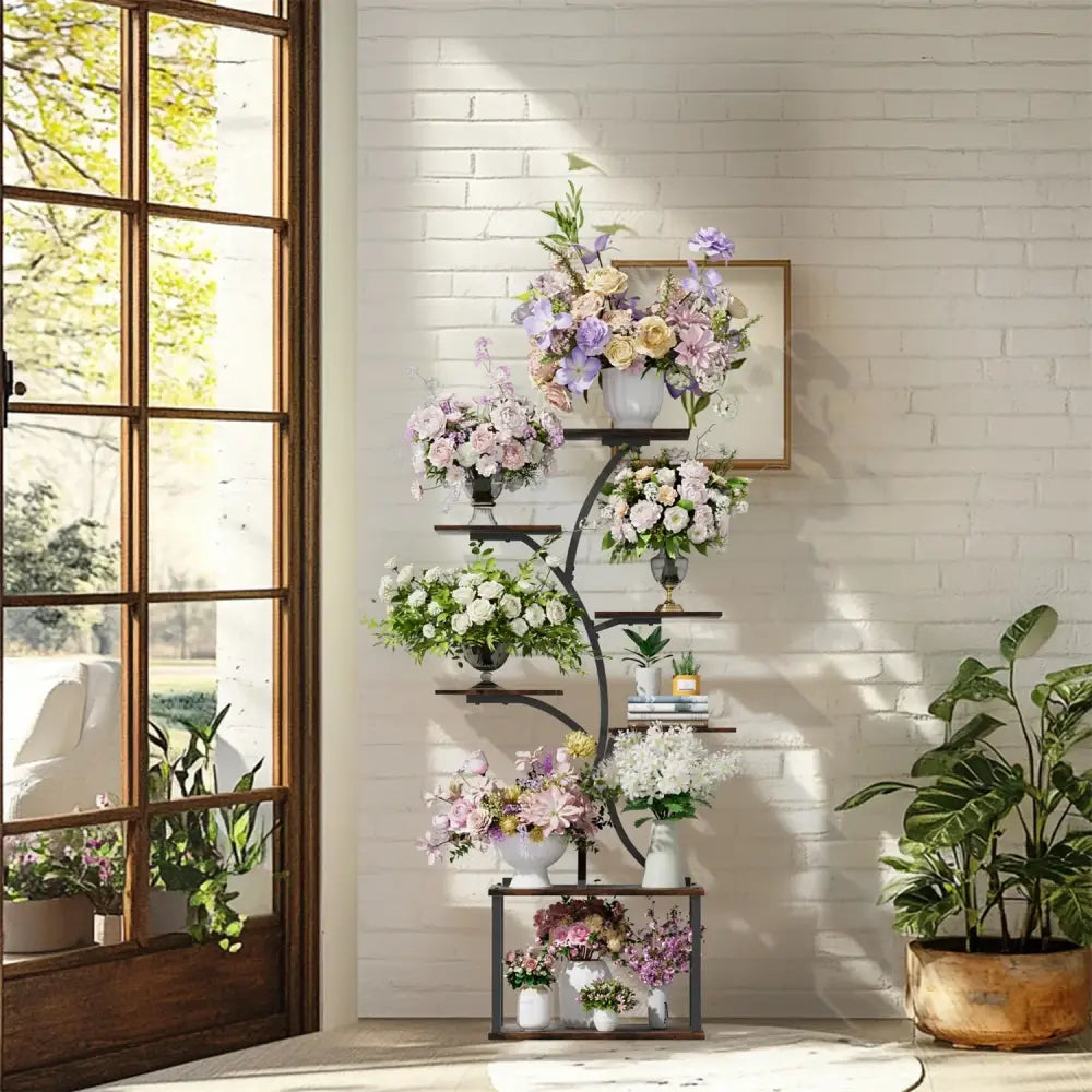 Black wrought iron decorbites™ 7 tier tree plant stand display rack for multi-tiered floral plant stand display