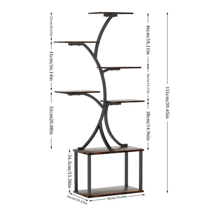 Dark brown wooden shelves with black metal frame plant stand display rack by decorbites 7 tier design