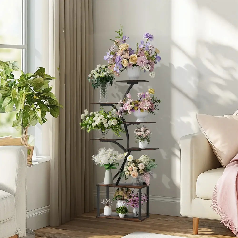 Decorbites™ five-tier black metal plant stand display rack with wooden shelves showcasing colorful floral arrangements