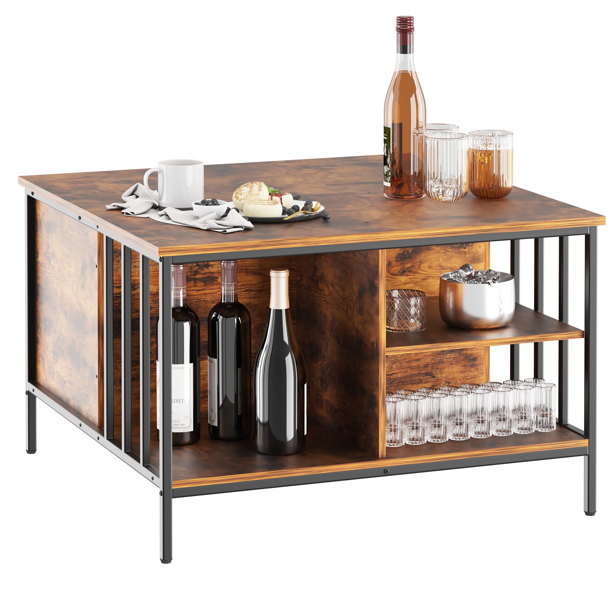 Mesa de Centro Elevable de Estilo Granja con Almacenamiento, Altura Ajustable para Sala de Estar, Centro Multifuncional para la Familia con Compartimento Oculto y 3 Estantes, Capacidad de 110 libras, Fácil de Limpiar