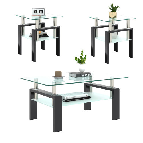 Juego de 2, Mesa de Té de Vidrio Templado Moderna, Mesa de Café, Mesa Auxiliar, Mesa Cuadrada para Sala de Estar, Transparente Negra