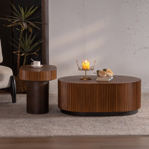 Conjunto de 2 Mesas de Centro Anidadas Artesanales Redondas, - Borde de Rayas Onduladas Chic, Mesa de Centro Central Acanalada de Madera Circular Moderna y Estilosa para Sala de Estar