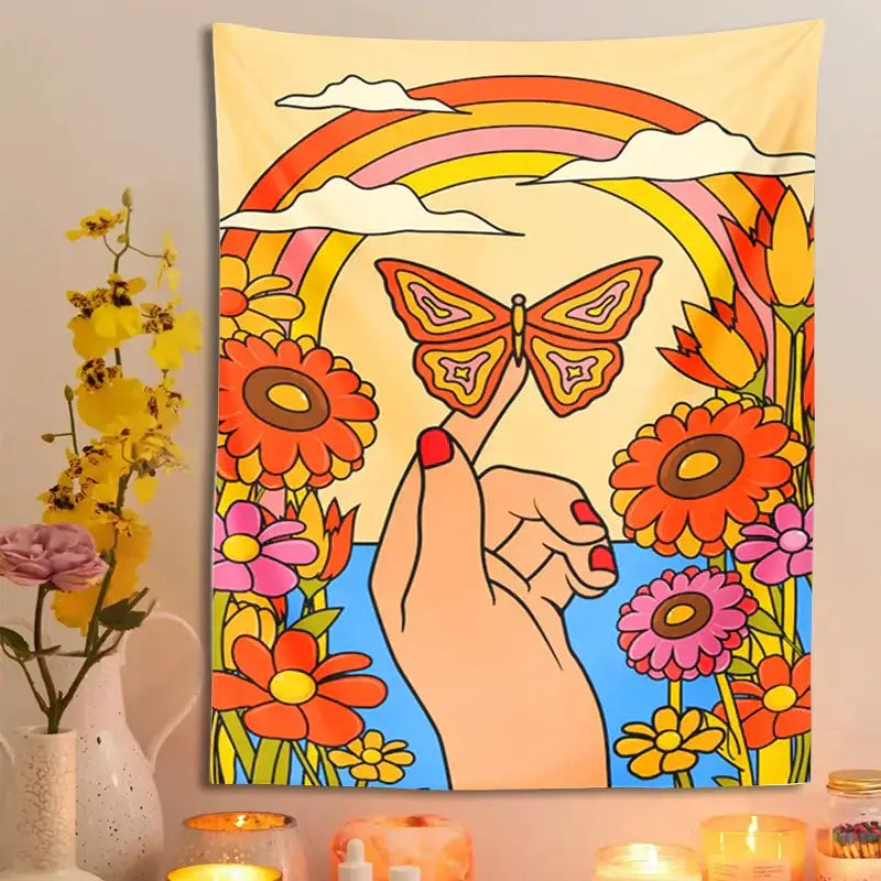 A vibrant 70s psychedelic butterfly rainbow tapestry wall art featuring a hand with red nails holding a butterfly