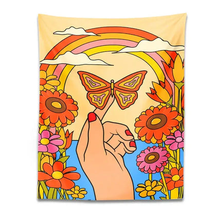 Vibrant 70s psychedelic butterfly rainbow tapestry wall art featuring hand with red nails and bold floral decorbites butterfly rainbow