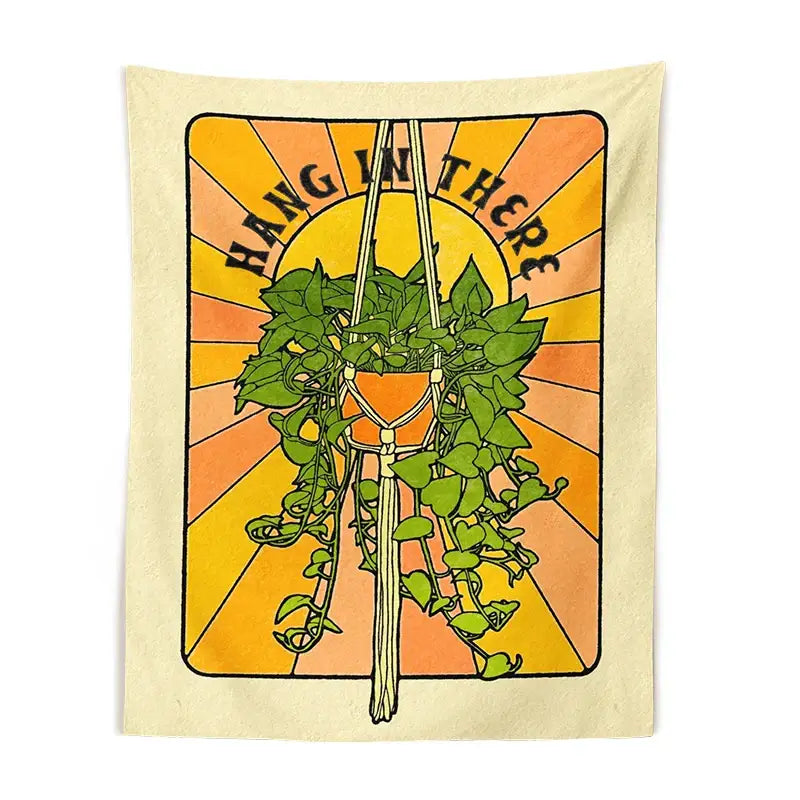 Beige 70s retro botanical tapestry wall hanging with stylized hanging plant and sunburst background for bedroom decorbites decor