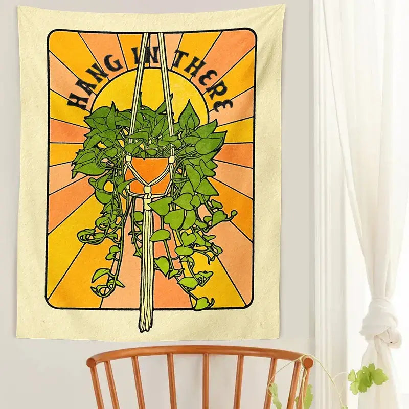 Cream-colored 70s retro botanical tapestry wall hanging featuring a stylized hanging plant and hang in there text for bedroom decorbites decor