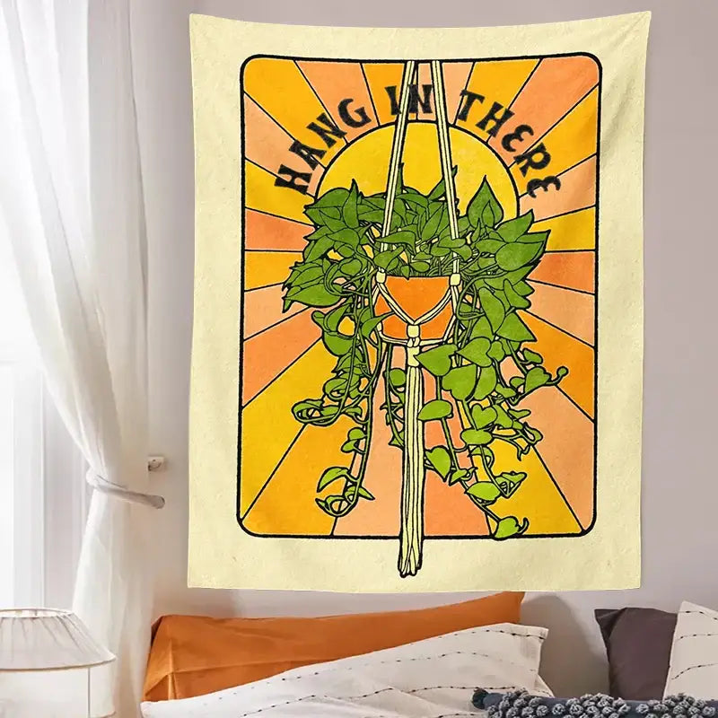 Cream-colored 70s retro botanical tapestry wall hanging featuring a hanging plant in orange macrame for bedroom decorbites botanical tapestry