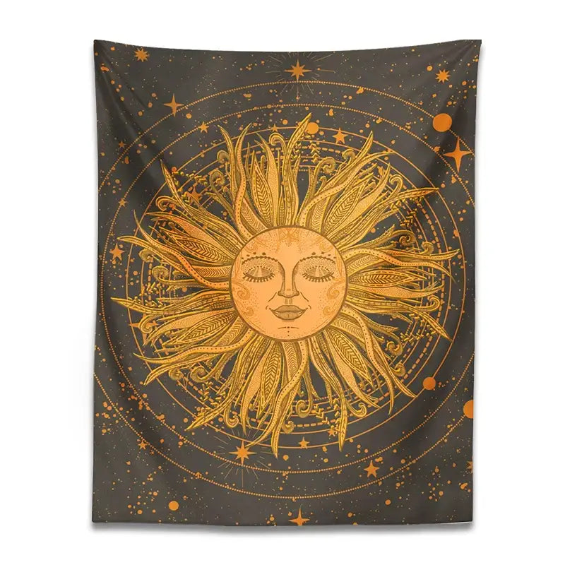 70s retro celestial sun moon wall tapestry featuring a golden decorbites celestial sun with stars on dark gray fabric
