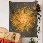 A 70s retro celestial sun moon wall tapestry featuring a golden feathered sun on a dark gray cosmic background for decorbites celestial sun decor