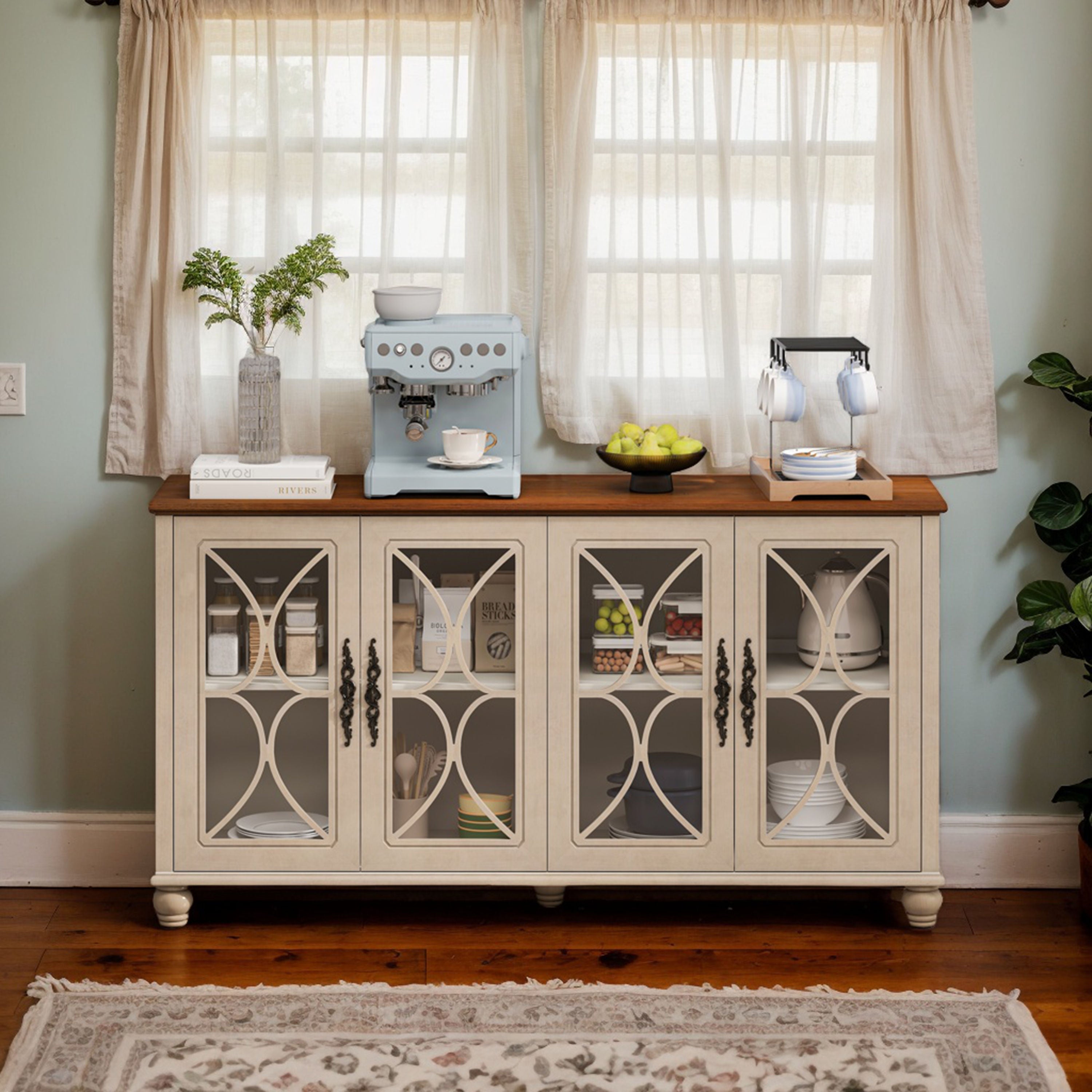 Elegantes europäisches Antiquitäten-Stil 4-Türenschrank mit gehärteten Glastüren, für Esszimmer, Wohnzimmer, Flur, einfache Montage, Beige