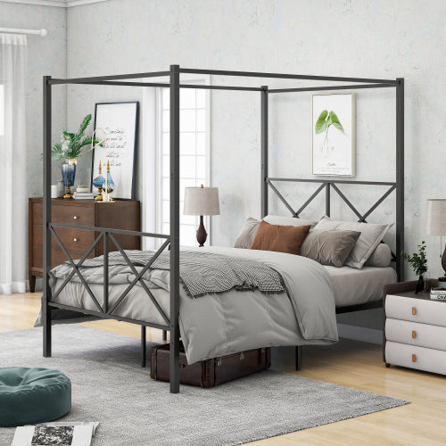 Estructura de Cama con Dosel de Metal, Estructura de Cama Plataforma con Marco en Forma de X Tamaño Full Negro