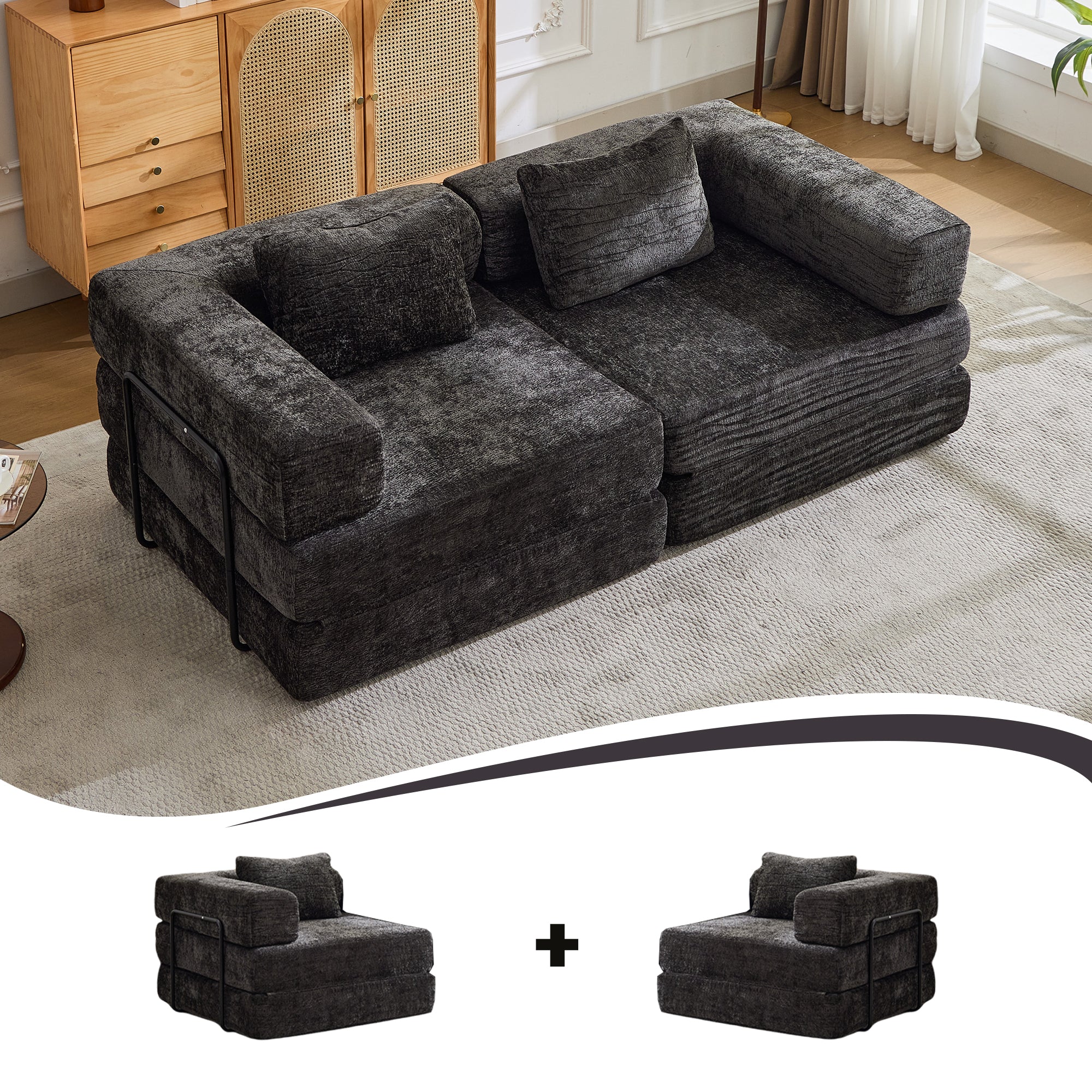 Sofá de Compresión, Sofá Cama Convertible para el Suelo con Marco de Forma Fija, Sofá Seccional Modular sin Huesos para Dos Personas, Sin Ensamblaje Requerido, Tela de Chenille, para Sala de Estar y Dormitorio, Negro