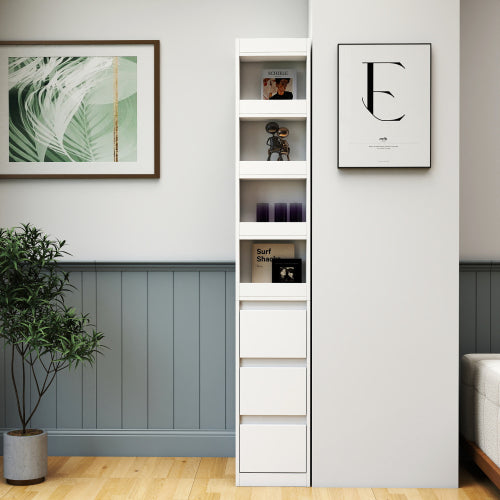 Gabinete de Almacenamiento para Pantalla de 70.87 H, Estantería de 4 Niveles, 3 Cajones Laterales y 4 Estantes de Exhibición Pequeños, Estantería Alta Moderna de Madera para Libros para Sala de Estar o Oficina en Casa