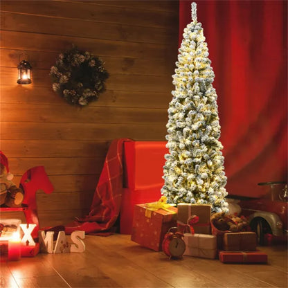7.5ft Snow Flocked Pencil Christmas Tree - 641 Branch Tips, 350 Warm LED Lights, PVC+Metal